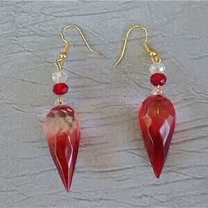 Inverted Acrylic Teardrop Dangle Earrings Red Clear With 2 Crystals Handmade